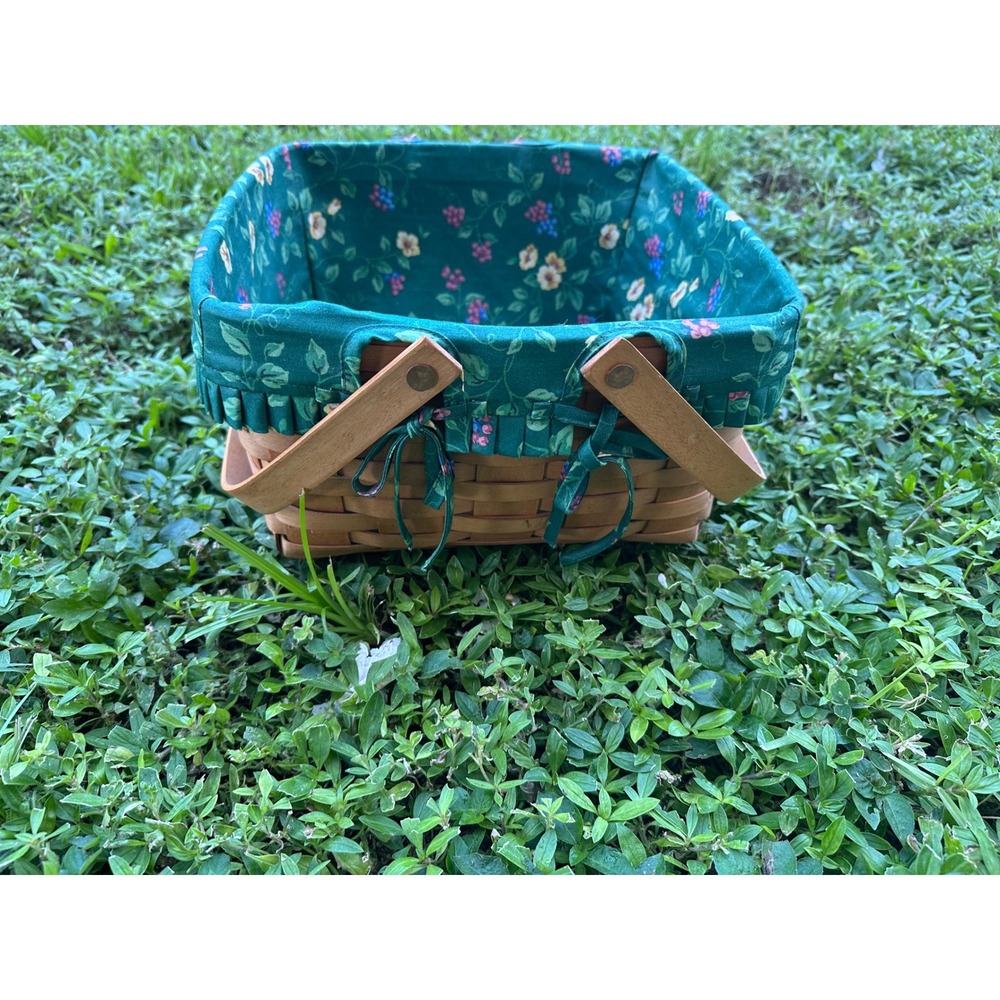 Longaberger Baskets 1995 Handwoven Square Basket Green Floral Liner Dual Handles
